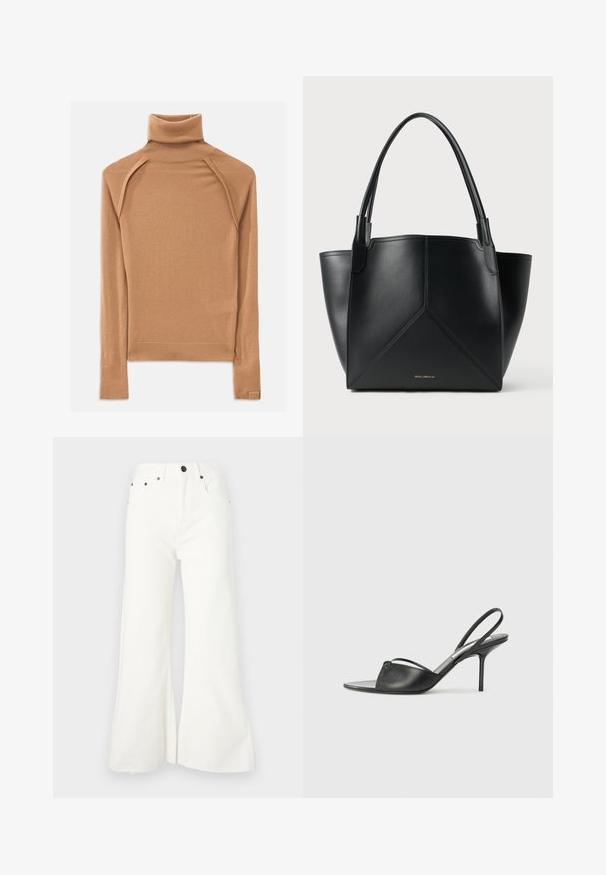Brauner Rollkragenpullover aus weichem Material, mit Raglanärmeln und einer figurnahen Silhouette. Rippbündchen und Kragen betonen das Design.; Helle weiße Jeans mit ausgestelltem Bein und hohem Bund, fünf Taschen und rohem Saum. Mit Metallbeschlägen und einem Knopfverschluss ausgestattet.; Schwarze Leder-Slingback-Pumps mit spitzem Zehenbereich, dünnem Knöchelriemen und Stiletto-Absatz. Verfügt über ein geknotetes Detail auf dem Blatt.; Schwarze Ledertasche mit geometrischem Design, ausgestattet mit zwei Griffen und goldfarbener Markierung auf der Vorderseite. Glatte Textur und strukturierte Form.