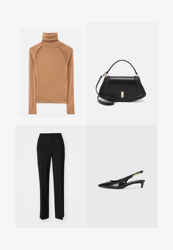 Pruunist turtleneck-sweater pehmeast kangast, raglan varrukate ja kitsas lõikega. Ribakuddeline mansett ja kaelus rõhutavad disaini.; Mustad ja sirged püksid, millel on sile tekstuur ja teravad voldid esiosas. Ilma nähtavate detailideta.; Mustad nahast slingback kontsad terava ninaga, millel on õhuke konts ja kuldse tooni aktsent reguleeritaval rihmal. Sile tekstuur.; Must mustrist käekott, millel on struktureeritud disain, lühendatud kuju, ülemine käepide ja kuldne metallist detail. Reguleeritav õlalihm on kaasas.