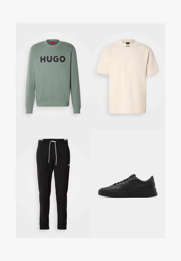 Sudadera verde clara hecha de tela suave, con un cuello redondo y un prominente logo negro "HUGO" en el pecho.; T-shirt de manga corta color crema con collar alto, que presenta la palabra "BOSS" impresa en negro en la parte delantera del cuello y en la etiqueta interior.; Pantalones jogger ajustados negros con cordones blancos, puños acanalados y un logo sutil en el muslo superior sobre un fondo liso.; Zapatilla negra con parte superior de cuero liso, puntera redonda, cordones planos, cuello acolchado y diseño minimalista. Suela de goma con un patrón de relieve sutil.