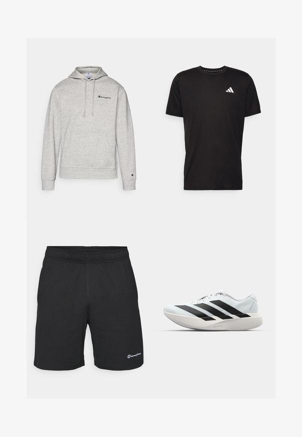 Sivi dukserica s kapuljačom, s vezicom, kengurskom džepom i izvezenim logotipom na prsima. Tkanina od pamučne mješavine s rebrastim manžetama i rubom.; Crna pamučna majica s kratkim rukavima, okruglim izrezom i bijelim logotipom na lijevoj strani prsnog koša. Glatka tekstura i jednostavan dizajn.; Crne sportske kratke hlače s elastičnim pojasom, izrađene od mekanog materijala, s malim bijelim logotipom na donjoj lijevoj strani.; Lagane tenisice za trčanje u svijetloplavoj boji s crnim trakama. Imaju glatku gornju površinu, okrugli vrh i debeli bijeli srednji sloj označen "LIGHTSTRIKE PRO."