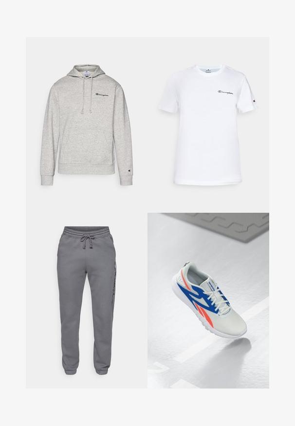 Sivá mikina s kapucňou a šnúrkou, kengurským vreckom a vyšitým logom na prsiach. Zmes bavlny s rebrovanými manžetami a lemom.; Biela bavlnená tričko s okrúhlym výstrihom, krátkymi rukávmi a čiernym vyšitým logom "Champion" na hrudi a na akcentoch rukávov.; Champion ICONS TONAL CUFF LARGE LOGO - Tepláky - foggy; Bielo-čierna športová obuv s modrými a červenými akcentmi, zviazaná a plávajúca nad svetlošedou podlahou s čiarou a podložkou v pozadí.