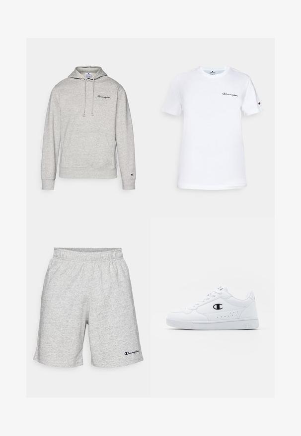 Szürke kapucnis pulóver, húzózsinórral, kenguru zsebbel és hímzett logóval a mellkason. Pamut keverék anyag ribbelt mandzsettával és hem.; Fehér pamut póló kerek nyakkivágással, rövid ujjakkal, és fekete hímzett "Champion" logóval a mellkason és az ujjon.; Szürke pamut anyagú rövidnadrág, elasztikus derékpánttal, a bal alsó részen kék "Champion" logóval.; Fehér sportcipők sima, szintetikus felsőrésszel, fekete logóval és perforált részletekkel az oldalon. Gumi talp.