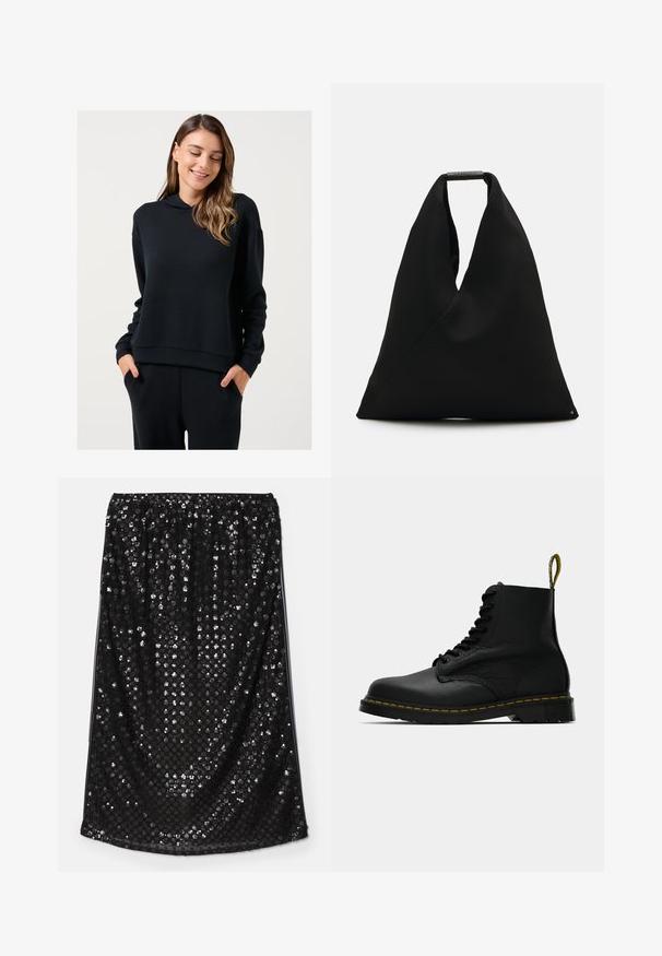 Jimmy Key STRAIGHT FIT HOODED SWEATSHIRT - Felpa con cappuccio - black; Gonna nera in paillettes con vita elastica. Presenta una texture liscia, ricoperta di paillettes argentee luccicanti che creano una superficie riflettente.; Stivale alla caviglia in pelle nera con lacci, dotato di cuciture gialle sulla suola e di una linguetta con marchio sul tallone, mostrato di lato su uno sfondo semplice.; Borsa tote in tessuto nero con un design unico a forma di V e una texture liscia. Presenta un manico corto con dettagli hardware minimalisti.