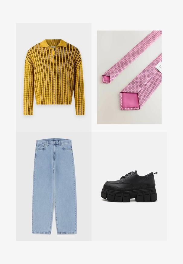 Pull en tricot rayé jaune et noir avec col polo, patte de boutonnage à trois boutons et texture côtelée. Longueur cropped avec manches longues.; Next EDIT LONG SLEEVE- REGULAR FIT - Chemise - black; Jean en denim bleu clair avec une coupe droite, présentant une taille mi-haute, cinq poches, et une fermeture à bouton et à fermeture éclair.; Buffalo GOSPHER LACE UP - Derbies - black; Cravate rose avec un motif floral géométrique, surface texturée et sous-face rose unie. Extrémité carrée avec une étiquette attachée.