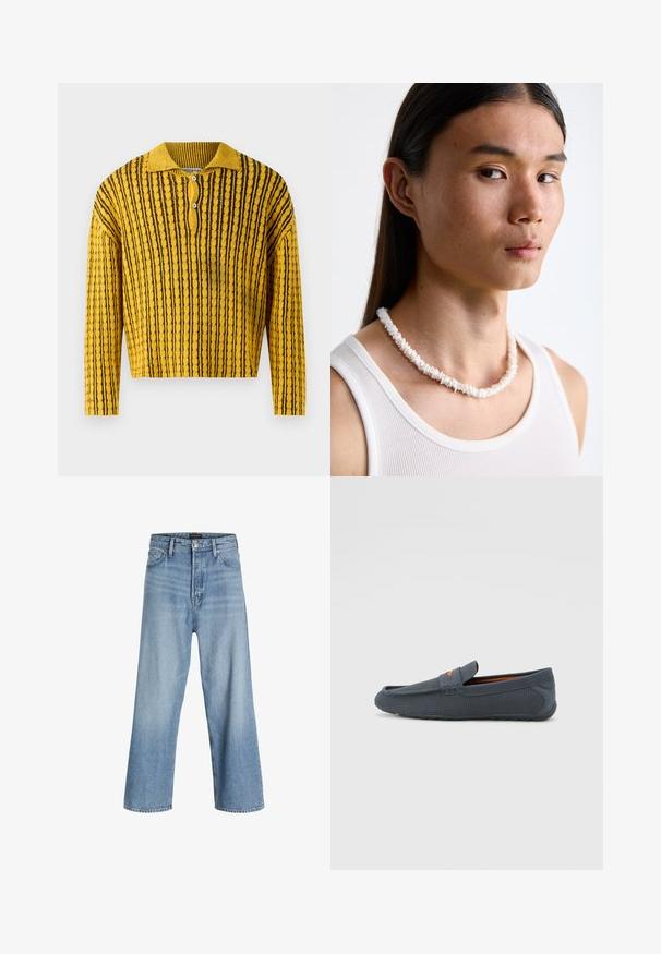 Yellow and black striped knit sweater with a polo collar, three-button placket, and ribbed texture. Cropped length with long sleeves.; Light blue wide-leg jeans made of denim, featuring a high waist, classic five-pocket design, and button closure with a zip fly.; Gray perforated loafers with a slip-on design, featuring an orange accent, rounded toe, and textured rubber outsole.; White shell necklace composed of irregular shapes, worn over a fitted white tank top. Smooth texture with subtle sheen, close-fitting design.