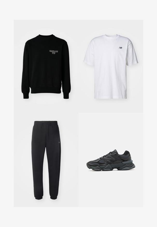 Svart crewneck sweatshirt laget av en blanding av bomull, med ribbestrikkede mansjetter og sømmer, samt en liten hvit brodert logo på brystet.; Hvit kortermet T-skjorte med rund hals og liten svart New Balance-logo på venstre bryst mot en ensfarget bakgrunn.; Sorte joggebukser laget av mykt materiale med elastisk midje, snor og smale mansjetter, med en diskret logo på siden.; Svart løpesko med en blanding av mesh og syntetiske materialer, chunky såle, buet design og fremtredende merkevare på siden.