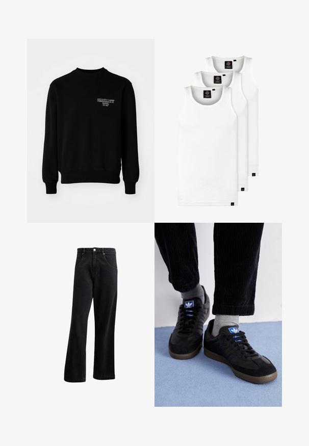 Svart crewneck sweatshirt laget av en blanding av bomull, med ribbestrikkede mansjetter og sømmer, samt en liten hvit brodert logo på brystet.; Tre hvite ribbestrikkede tank topper laget av bomull. Har en rund hals og små svarte etiketter nær kanten. Tilgjengelig i flere størrelser.; Svarte denimjeans med rette ben, med frontlommer, knappestenge og lett tekstur. Inkluderer en subtil logo-detalj.; Sorte joggesko laget av semsket skinn og lær, med en blå logo og brun gummisåle. Paret med grå sokker og kordfløylebukser.