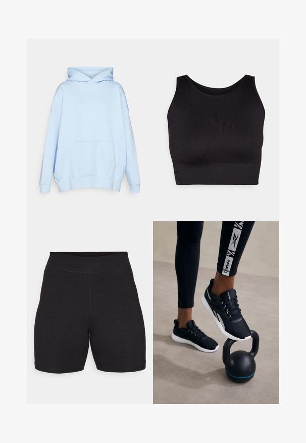 Light blue oversized hoodie made of soft material, featuring a kangaroo pocket, ribbed cuffs, and a drawstring hood. No visible logos.; Black ribbed crop top with a high neckline and wide armholes, featuring a soft, stretchy fabric for comfort and a seamless design.; Black cycling shorts with a high waist, made of stretchy, soft fabric. Features flat seams and a smooth texture for comfort.; Black athletic shoes with a textured upper, white sole, and gray accents, positioned on a black kettlebell with a blue stripe, against a neutral background.