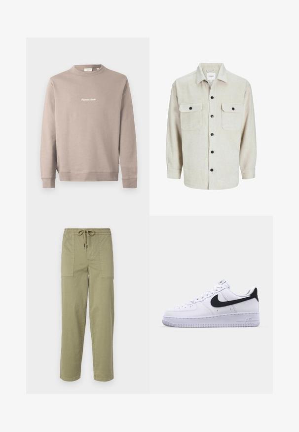Beige genser med lange ermer og rund halslinning. Har "Original Studio" brodert i hvitt på brystet. Glatt tekstur, ribbede mansjetter.; Beige flanellskjorte med kragehals, to brystlommer, svarte knapper og lange ermer med knappebånd.; Lys olivengrønne bukser laget av bomullsblandingsstoff, med elastisk midje og snor, samt to store sidelommer.; Hvit lær sneakers med en teksturert svart Swoosh, flate lisser og en gummisåle med et rillemønster. "AIR" er preget på hælen.