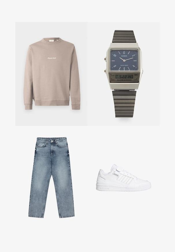 Béžová mikina s dlouhými rukávy a kulatým výstřihem. Na hrudi je bíle vyšitý nápis "Original Studio". Hladká textura, žebrované manžety.; Světle modré džíny z denimu se střihom rovnými nohavicemi, viditelným šitím, designem s pěti kapsami a knoflíkovým zapínáním v pase.; Bílé sportovní tenisky s hladkým koženým svrškem, perforovanou špičkou, třemi pruhovanými akcenty a suchým zipem. Gumová podrážka s detaily značky.; Digitální hodinky Casio s modrým ciferníkem, stříbrným pouzdrem a vrstveným černým gumovým remínkem. Zobrazuje čas a nastavení alarmu. Voděodolné.