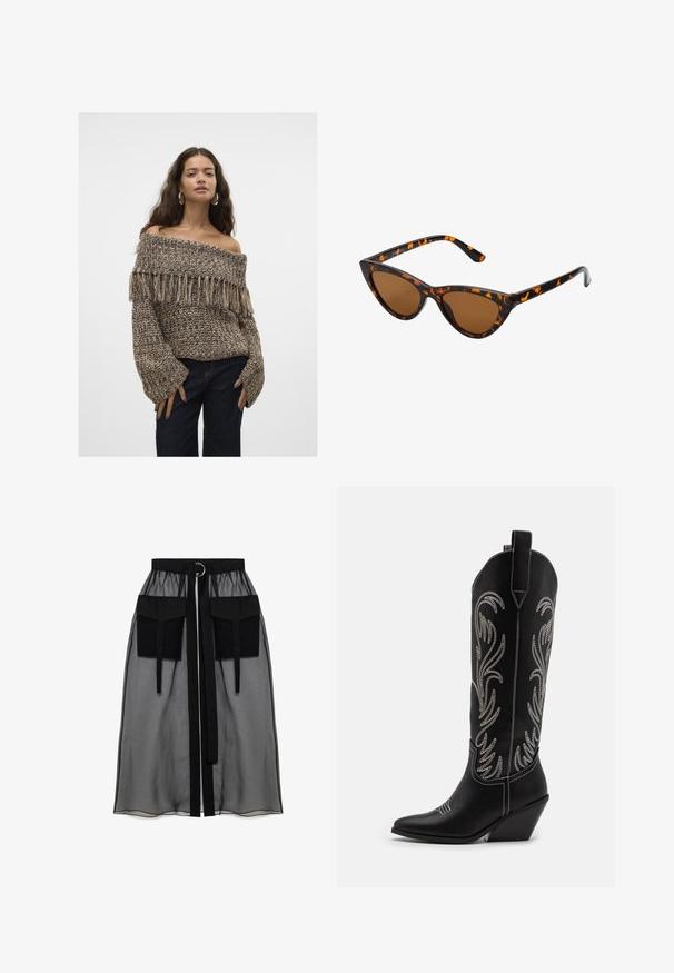 Off-Shoulder Strickpullover mit Fransen-Details, in Braun- und Beigetönen, aus strukturiertem Material und mit weiten Ärmeln.; Schwarzer transparenter Rock mit einem gerafften Taillenbund, der zwei große Fronttaschen, einen Taillenkordel und ein kreisförmiges Metallakzent aufweist.; Schwarze Leder-Cowboy-Stiefel mit spitzen Zehen, Keilabsätzen und silbernen, gestickten Blumenmustern entlang des Schafts. Kontrastnähte über das gesamte Design.; Katzenaugen-Sonnenbrille mit einem schwarz-orangenen Schildpattrahmen, braunen Gläsern und schlanken, spitzen Enden. Verfügt über ein minimalistisches Logo am Bügel.