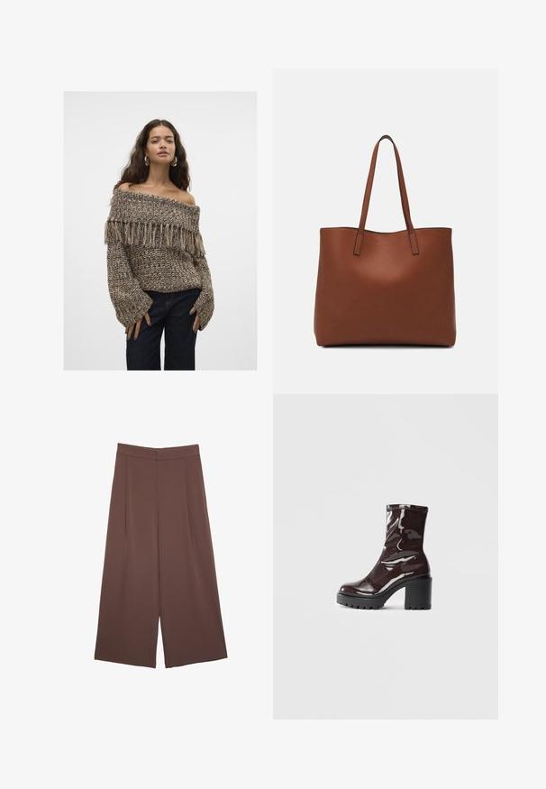 Off-Shoulder Strickpullover mit Fransen-Details, in Braun- und Beigetönen, aus strukturiertem Material und mit weiten Ärmeln.; Braune Weite-Leg-Hosen mit einer glatten Textur, hoher Taille und Vorderfalten. Der Stoff ist leicht und fällt locker.; Glatte bordeauxrote Ankle Boots mit einem klobigen schwarzen Absatz, die eine glatte Oberfläche und ein einfaches Design aufweisen. Keine sichtbaren Verschlüsse oder Muster.; Braune Leder-Tote mit glatter Textur, offenem Oberteil und zwei Schulterriemen. Verfügt über minimale Nähte und keine sichtbaren Beschläge.