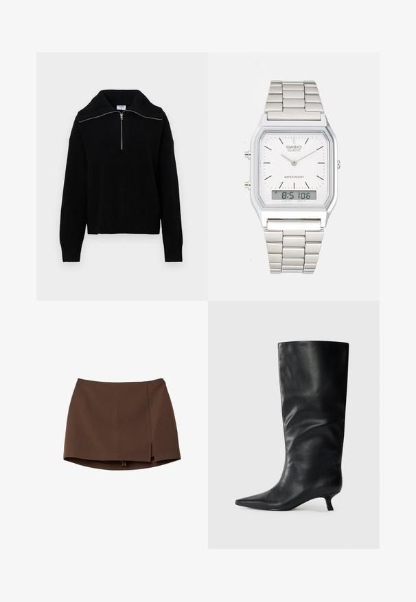 Černý pletený pulovr s vysokým límcem a polozapínáním na zip. Obsahuje žebrovanou strukturu a dlouhé rukávy, poskytující volný střih.; Hnědá minisukně z hladké látky, s předním rozparkem, čistými liniemi a strukturovaným střihem. Bez kapes a výrazných kovových doplňků.; Černá kožená holínka sahající po kolena s špičatou špičkou a nízkým jehlovým podpatkem, umístěná na jednobarevném světlém pozadí.; Stříbrné nerezové ocelové hodinky se čtvercovým pouzdrem, bílým ciferníkem, analogovým a digitálním displejem a kovovým náramkem. Vodotěsný design.