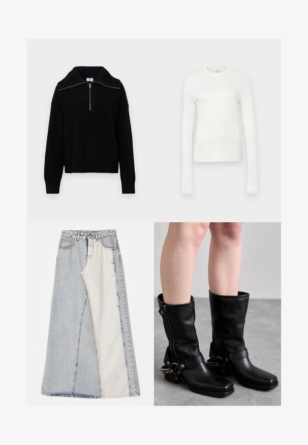 Svart stickad tröja med hög krage och halvdragkedja. Har ribbad yta och långa ärmar, vilket ger en lös passform.; Vit långärmad t-shirt i mjuk bomull. Har rund halsringning, åtsittande silhuett och slät textur. Inga mönster eller dekorationer.; Jeanskjol med ett lapptäcke-design som har ljus- och mellanblå sektioner, fransade fållar och hög midja. Klassisk femfickstil.; Svarta läderstövlar i knähöjd med fyrkantig tå, sidodragkedja och justerbar rem med metallkedjedetalj. Matt yta och robust sula.