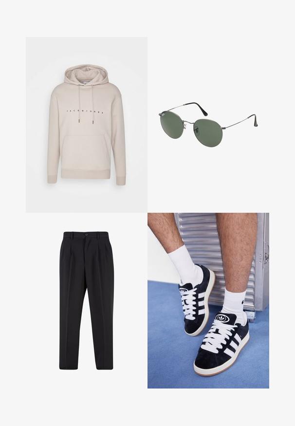 Beige hettegenser med snor, frontlomme og trykt "JACK & JONES"-logo. Mykt materiale med ribbestrikkede mansjetter og kant.; Sorte bukser med plisseret frontdesign, lavet af glat stof. Har knaplukning og bæltesløjfer; rett-bukser.; Sorte semskede sneakers med hvite lisser og tre hvite striper. Har en sirkulær svart logo på tungen og en såle av gummigummi.; Metallinnrammede solbriller med ovale grønne linser. Tynn sølvfarget metallramme og svarte øreplugger. Minimalistisk design, ingen synlige logoer.