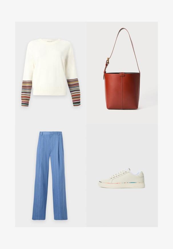 Sweater de manga longa em creme, com punhos canelados e riscas multicoloridas. Tecido suave, decote redondo, corte descontraído.; Calças largas de treino azul claro com riscas brancas verticais. Feitas de material liso, apresentam um plissado frontal e um design de cintura limpa.; Sapatilha de cano baixo em off-white com design de atacadores, forro interior branco e detalhes discretos em várias cores ao longo da borda da sola, vista lateral.; Saco de couro castanho em forma de balde com alça de ombro ajustável e fivela em tom dourado, detalhe de costura vertical simples na frente.