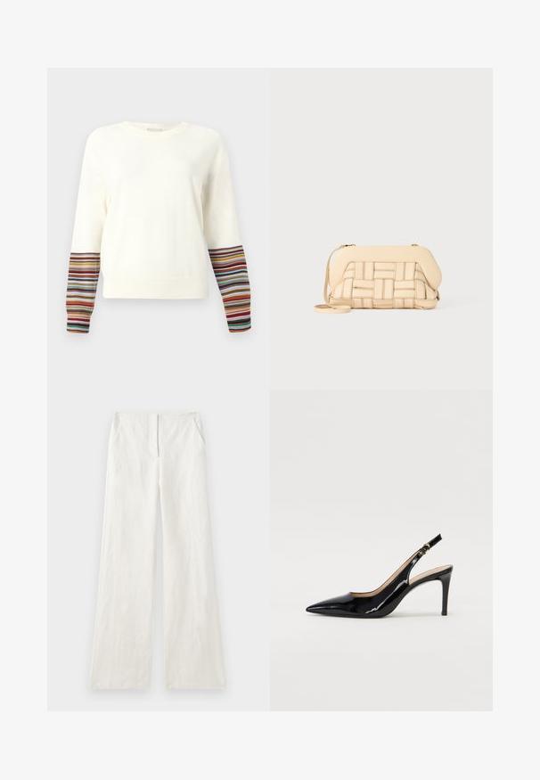 Pika varrukatega kreem värvi sviiter, millel on ribaga mansetid mitme värviga triipudega. Pehme kangas, ümmargune kaelus, lõdva lõikega.; Laia-lõngaga lõdvad püksid kreemjas valges, millel on sile tekstuur, eespuuked ja küljetaskud. Lihtne, kaunistusteta disain.; Must hõbedavärvi patendiga slingback kontsakingad terava varbaga, kitsas konts ja peene lõikega disain. Statistika on kuldne pandla rihmal.; Kootud beež käsipaga, millel on struktureeritud disain, sile ülemine osa ja pikk rihm. Tekstureeritud detailid tõstavad eseme üldilmet.