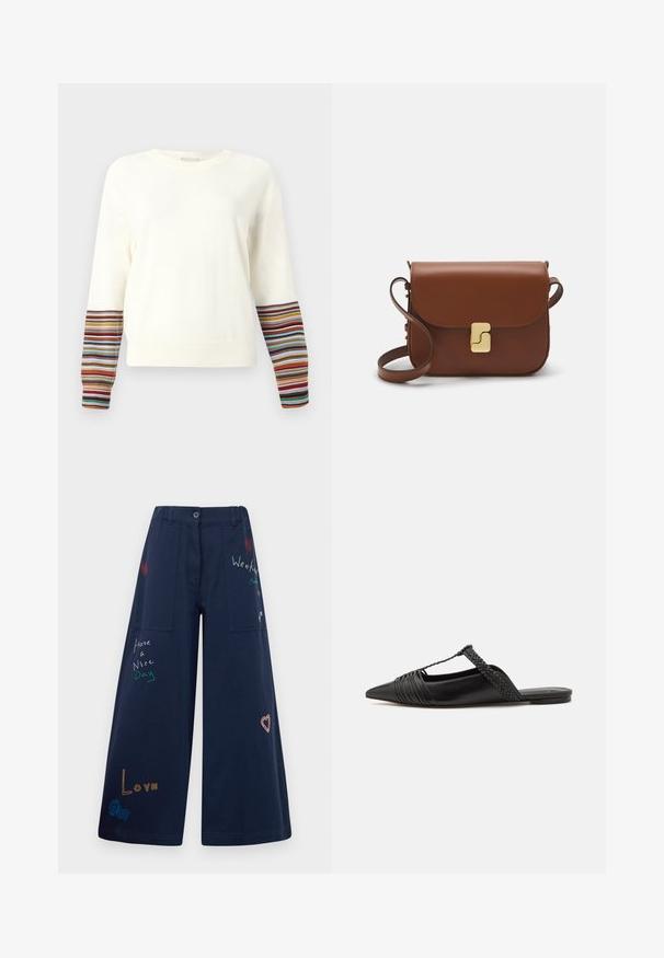 Pika varrukatega kreem värvi sviiter, millel on ribaga mansetid mitme värviga triipudega. Pehme kangas, ümmargune kaelus, lõdva lõikega.; Tumesinine laiad püksid puuvillast mitmete taskutega. Omaduseks on värviline tikandtekst ja graafika, sealhulgas südamed ja mängulised fraasid.; Must kuulsad nahast kandadega kingad, millel on terav nina, koos kootud detaili ja volditud ülaosaga. Lame tald minimaalse riistvaraga.; Pruunist nahast käekott, millel on klapiga sulgur, kuldne riistvara, õlarihm ja sile tekstuur. Kompaktne ristkülikukujuline vorm.