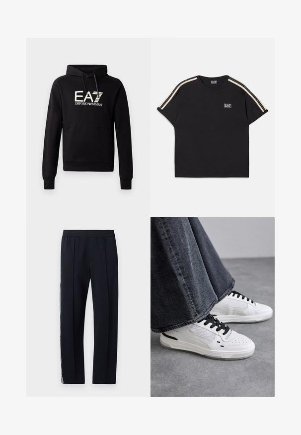 Hanorac negru cu glugă, dotat cu buzunar tip cangur, având un logo alb EA7 Emporio Armani evidențiat pe piept. Material moale din amestec de bumbac.; Tricou din bumbac negru cu mâneci scurte. Prezintă dungi contrastante de culoare bej pe umeri și un mic logo de marcă pe piept.; Pantaloni negri tapered cu talie elastică, având două buzunare laterale și o dungi albă care se desfășoară pe partea exterioară a piciorului. Textură netedă.; Adidași albi cu șireturi negre și detalii din plasă. Au un exterior din piele netedă și o talpă din cauciuc texturată. Împreună cu blugi gri cu croială largă.