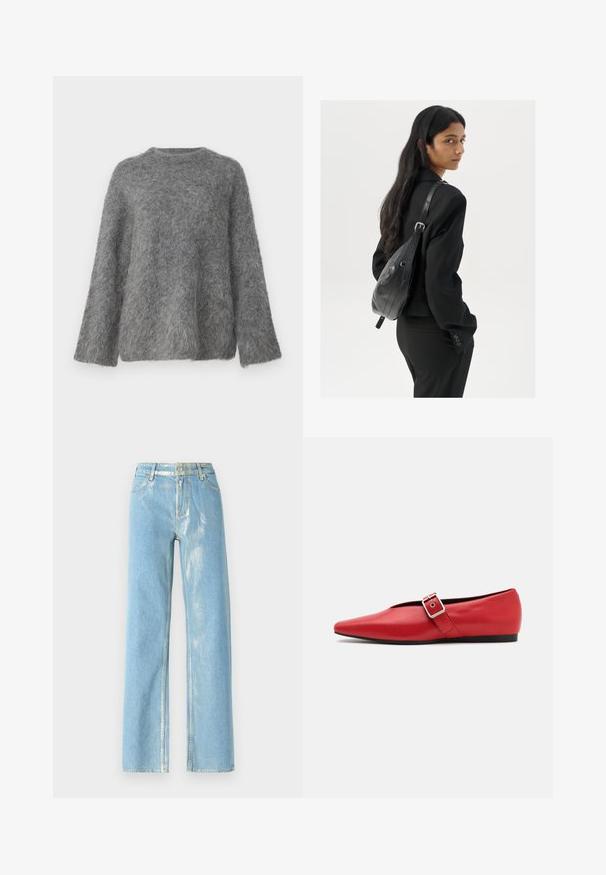Gina Tricot BLEND SWEATER - Jumper - mid grey; Light blue wide-leg jeans with shiny accents, featuring a high waist, button closure, and visible stitching. Smooth denim texture.; Red leather flat shoe with a pointed toe, featuring a side strap with a metal buckle and a low black heel. Smooth texture throughout.; Woman with long dark hair wearing a black suit, carrying a black leather shoulder bag, looking over her shoulder against a white background.; Silver hoop earrings with a twisted design, featuring a polished finish and post-back closure. Measure approximately 3 cm in diameter.