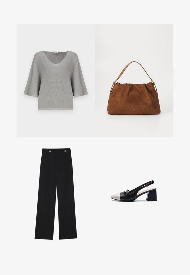 Pilkas trumpas rankovėmis megztasoju su V formos iškirpte, turintis subtilų blizgesį ir raukšlėtą tekstūrą. Kvadratinė forma su laisvu prigludimu.; Juodi plačios kojos kelnės su aukštu liemeniu, sagų detalėmis ant liemens ir priekinėmis raukšlėmis.; Slingback bateliai su juoda odine viršutine dalimi, balto lakuoto odos priekiu, 6,5 cm blokuotu kulnu ir reguliuojama kulkšnies juosta.; Ruda zomšos rankinė su susiraukšlėjimu, turinti vieną šviesiai rudos odos rankeną ir subtilų auksinį logotipo detalę priekyje.