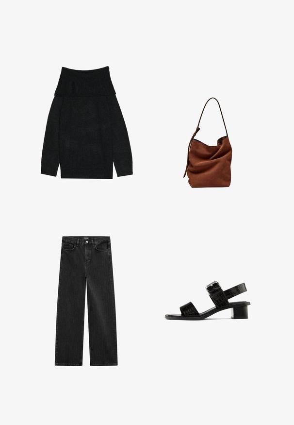 Černý pletený svetr s širokým, ribbovaným límcem přes ramena, dlouhými rukávy a volným střihem. Měkká textura v jednobarevném provedení.; Široké černé džínové kalhoty s jemným vertikálním pruhovaným vzorem, s pěti kapsami a klasickým zapínáním na knoflík v pase.; Černé podpatkové sandály s texturovaným, kroko vzorem z kůže, se dvěma širokými popruhy a designem čtvercového bloku podpatku.; Hnědá semišová kabelka přes rameno s měkkým, volným tvarem a jedním dlouhým popruhem, se subtílní, hladkou texturou a bez viditelného kovového kování.