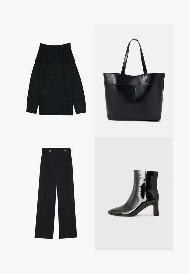 Μαύρος πλεκτός σκούφος με φαρδιά, ribbed λαιμόκοψη που πέφτει στους ώμους, μακριά μανίκια και χαλαρή εφαρμογή. Μαλακή υφή με ομοιόμορφο χρώμα.; Μαύρο παντελόνι φόρμας σε φαρδιά γραμμή με ψηλή μέση, κουμπιά στη μέση και πλαϊνές τσέπες.; Μαύρη πατενταρισμένη δερμάτινη μπότες αστραγάλου με μυτερή μύτη και μεσαίο τετράγωνο τακούνι. Λείος υφή και μινιμαλιστικός σχεδιασμός.; Μαύρη δερμάτινη τσάντα tote με δύο μακριούς ιμάντες, λεία υφή και δομημένο σχήμα. Διαθέτει μπροστινή τσέπη για επιπλέον αποθήκευση.