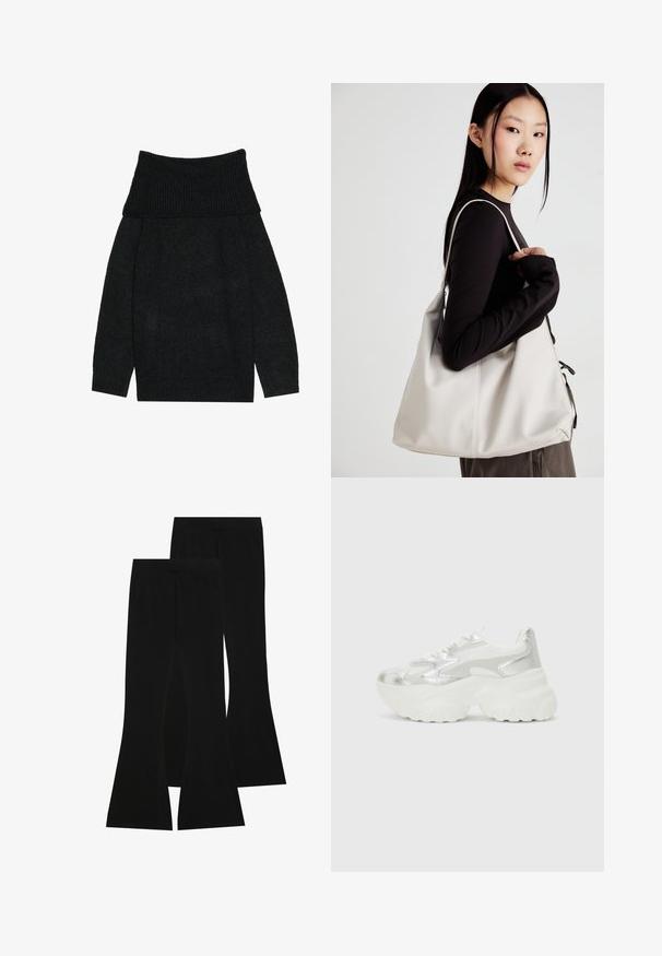 Czarny sweter z dzianiny z szerokim, prążkowanym dekoltem typu off-the-shoulder, długimi rękawami i luźnym krojem. Miękka tekstura w jednolitym kolorze.; Czarne spodnie w kształcie dzwonów wykonane z elastycznej tkaniny, z wysokim stanem i gładką fakturą, o dopasowanym kroju, który rozszerza się od kolana.; Srebrny sneaker z teksturowaną siateczką i irydyscentnymi akcentami, z masywną białą podeszwą i sznurowanym zapięciem.; Beżowa torebka wykonana z miękkiego materiału, charakteryzująca się luźnym fasonem, wyszywanymi detalami i dwoma uchwytami na ramię. Idealna na co dzień.