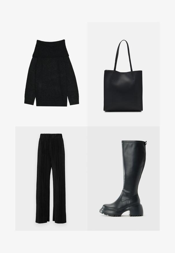Pulover negru tricotat cu un guler larg, cu nervuri, căzut pe umeri, mâneci lungi și o croială lejeră. Textură moale, de culoare solidă.; Pantaloni negri plisati cu talie elastică. Prezintă picioare largi și un material neted, texturat, cu dungi verticale.; Cizme lungi din piele neagră cu talpă platformă masivă și tocul pătrat, având un tab de tragere și un model texturat pe talpa exterioară.; Geantă tote neagră din piele, cu textură netedă, formă rectangulară și două mânere lungi. Fără hardware vizibil sau ornamente.