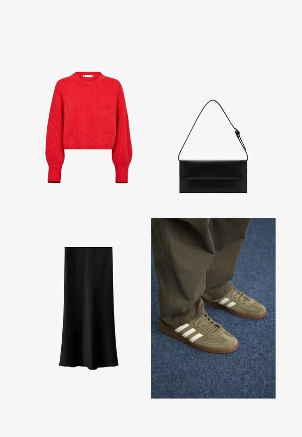 Rdeča skrajšana pulover s rebrasto teksturo, dolgimi rokavi in okroglim ovratnikom. Ima dekorativen kovinski detajl na ovratniku.; Črna midi krila iz gladkega, lahkega materiala. Ima ravno rez, brez vidnih dodatkov in preprost dizajn brez vzorcev.; Zelene velur tene z belimi črtami, rjavo gumijasto podplatom in teksturiranimi vezalkami, kombinirane z olivno zelenimi hlačami na modrem preprogo.; Mango Torbica - black