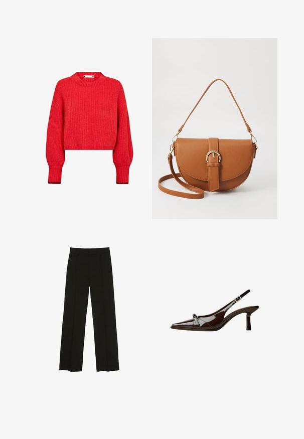 Roter, kurz geschnittener Pullover mit gerippter Textur, langen Ärmeln und rundem Ausschnitt. Verfügt über ein dekoratives Metallelement am Halsausschnitt.; Schwarze weit geschnittene Hosen aus glattem Stoff, ausgestattet mit einem taillierten Bund und dezenten vorderen Falten für zusätzliche Struktur.; Braune Lackleder-Slingback-Schuhe mit spitzem Zehenbereich, niedrigem Absatz und einer dekorativen Schleifenakzent an der Vorderseite. Glatte, glänzende Textur.; Braune Leder-Crossbody-Tasche mit geschwungener Form, goldfarbenen Beschlägen und einer Schnallenakzentuierung. Verfügt über einen abnehmbaren Schultergurt.