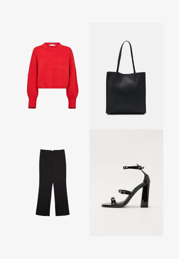 Red cropped sweater with ribbed texture, long sleeves, and a round neck. Features a decorative metal accent at the neckline.; Black trousers with a straight fit, featuring front pockets and side slits at the hem. Made of soft, smooth fabric. Suitable for various occasions.; Black patent heeled sandals with a square toe, ankle straps, and silver buckles. Features a chunky block heel for stability.; Black leather tote bag with smooth texture, rectangular shape, and two long handles. No visible hardware or embellishments.
