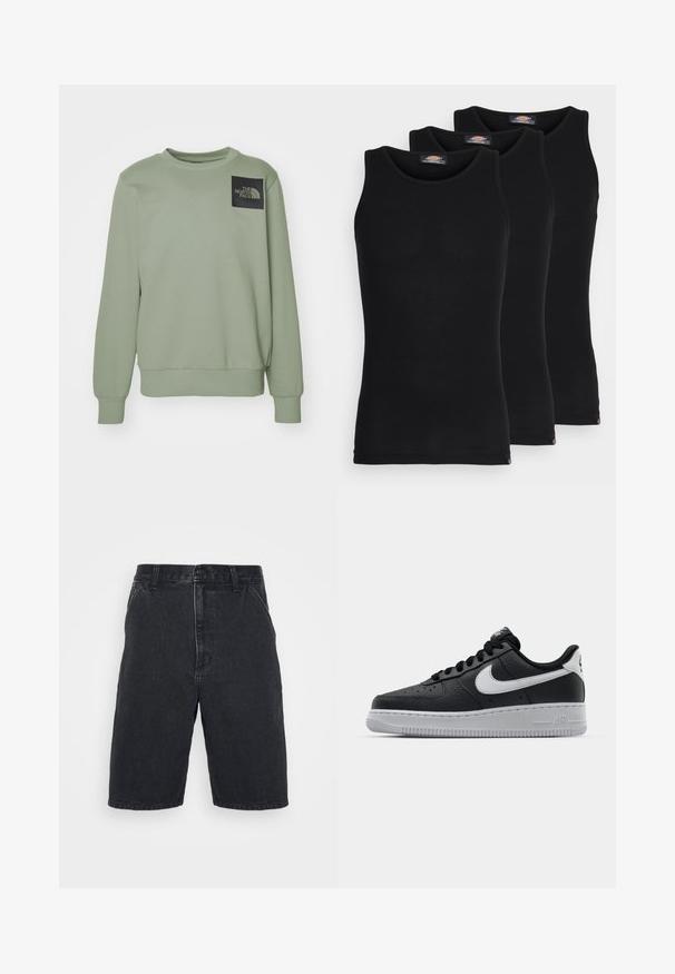 The North Face M FINE CREW - Sweatshirt - clay grey; Black tank tops in a pack of three. Ribbed texture, standard crew neckline, no sleeves. Hem features small brand logo at the bottom.; Black denim shorts with a straight cut, featuring a button closure and two side pockets. Incomplete hem with subtle fading details.; Black leather sneaker with textured surface, white Nike swoosh, gray sole, round toe, and lace-up design. Features perforations on toe box.