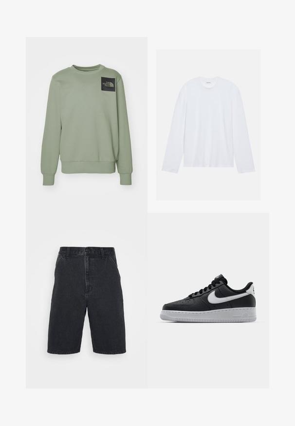 The North Face M FINE CREW - Sudadera - clay grey; Camiseta blanca de manga larga hecha de algodón. Presenta un clásico escote redondo y costuras de hombro caídas, con una textura lisa y uniforme.; Pantalones cortos de mezclilla negra con corte recto, con cierre de botón y dos bolsillos laterales. Dobladillo incompleto con detalles sutiles de desgastado.; Zapatilla negra de cuero con superficie texturizada, logo de Nike en blanco, suela gris, puntera redonda y diseño de encaje. Presenta perforaciones en la puntera.