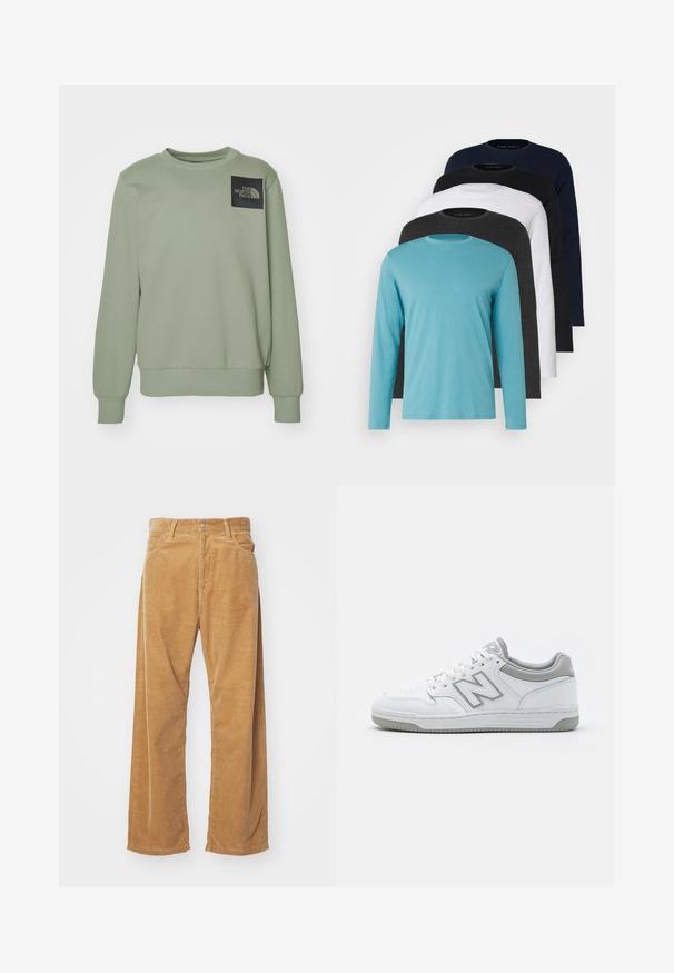 The North Face M FINE CREW - Sweatshirt - clay grey; Fünf Langarm-T-Shirts in einer Reihe: türkis, schwarz, weiß, dunkelgrau und navyblau. Weicher Stoff mit Rundhalsausschnitt und normaler Passform.; Corduroy-Hosen mit weitem Bein in einer beige Farbe. Mit strukturierten, vertikalen Rillen, einem Standardbund und zwei vorderen Taschen ausgestattet.; Weiße Ledersneakers mit grauen Akzenten, ausgestattet mit einem perforierten Zehenbereich, flachen Schnürsenkeln und einer gemusterten Sohle. New Balance-Logo an der Seite.