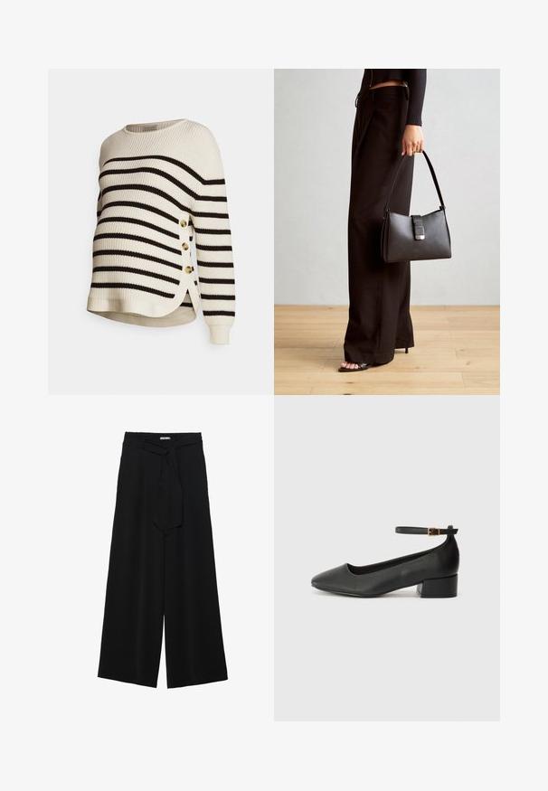 Ribadega mustriga kreemjas ja mustas, millel on soonikstruktuur, ümar kaelus, külgmid-buttons ja kergelt kõverdatud allserv.; Mustad laiad püksid, millel on tekstureeritud kangas, elastne vöökoht ja eemaldatav pael vööst, et reguleerida sobivust.; Must mustaapp, millel on terav nina ja madal blokk-kand. Omab pahkluu rihma koos kuldse tooni pandlaga. Sile tekstuur.; Must musta kott, millel on struktureeritud kuju, sile tekstuur ja metallist klamber. Kombineeritud laiate mustade pükstega ja avatud varvaste sandaalidega puidust põrandal.