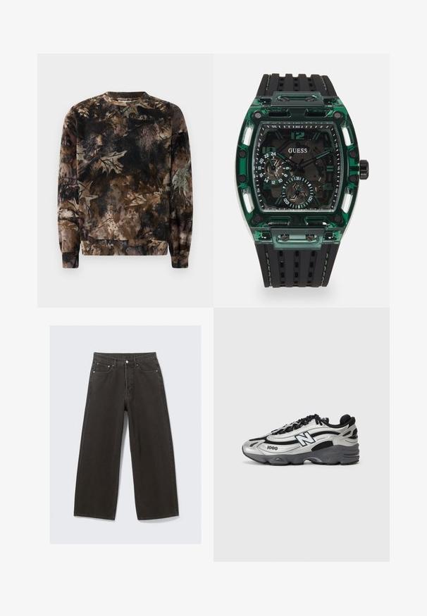 Felpa con motivo camouflage marrone, collo rotondo, maniche lunghe e polsini a coste, realizzata in tessuto morbido e testurizzato.; Jeans in denim nero a gamba larga presentano una vita alta, design a cinque tasche e chiusura con bottone. Il tessuto ha una finitura soffice e testurizzata.; Scarpe sportive argento e nere con tomaia in rete, suola imbottita, design con lacci e dettagli di branding laterali.; Orologio Guess con cassa rettangolare in plastica verde, cinturino in gomma nera testurizzata e più quadranti con numeri e dettagli in grassetto.