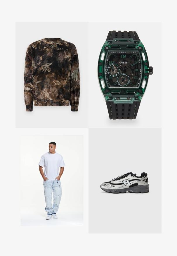 Felpa con motivo camouflage marrone, collo rotondo, maniche lunghe e polsini a coste, realizzata in tessuto morbido e testurizzato.; T-shirt bianco in cotone, vestibilità ampia, abbinata a jeans in denim blu chiaro con effetto usurato, bordi sfilati e dettagli di macchie di vernice nera.; Scarpe sportive argento e nere con tomaia in rete, suola imbottita, design con lacci e dettagli di branding laterali.; Orologio Guess con cassa rettangolare in plastica verde, cinturino in gomma nera testurizzata e più quadranti con numeri e dettagli in grassetto.