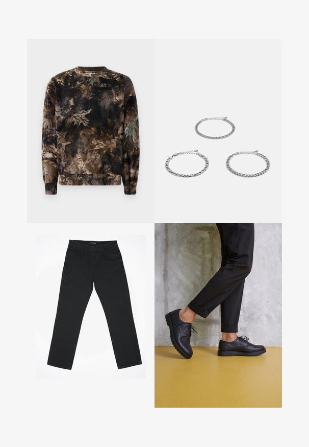 Smeđi dukserica s kamuflažnim uzorkom, s okruglim izrezom, dugim rukavima i rebrastim manžetama, izrađena od mekog, teksturiranog materijala.; Crne traperice od denima sa ravnim nogavicama, pet džepova i klasičnim pojasom. Tkanina ima glatku teksturu i minimalne detalje.; Crne kožne cipele na vezanje s zaobljenim vrhom, teksturiranom površinom i debelim gumenim potplatima. Uparene s preklopljenim crnim hlačama na betonskoj pozadini.; Tri srebrne narukvice od lanca s različitim pletenjima i teksturama, sa kvačicama i podešavanjem za optimalno pristajanje.