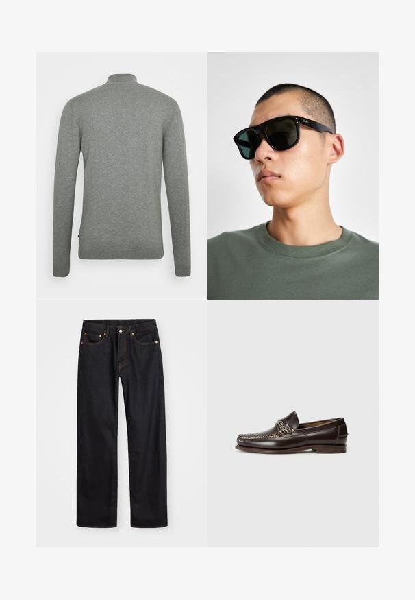 Hallharjas pikkade varrukatega pullover, millel on kõrge krae, soonikuga mansetid ja sile, pehme tekstuur. Lihtne disain ilma mustrite või aktsentideta.; Meeste sirge jala mustad denim teksad viie taskuga, oranž õmblus, nupu ja tõmblukuga ees nagu vöökoht.; Pruunist nahast loafers, millel on esiosas kett, mokassiini õmblus ja lame konts. Sile tekstuur läikiva viimistlusega.; Mustade ristküliku kuju prillid tumedate läätsedega, millel on eriline kuju ja bränding templil. Kanda inimese poolt, kellel on seljas roheline särk.