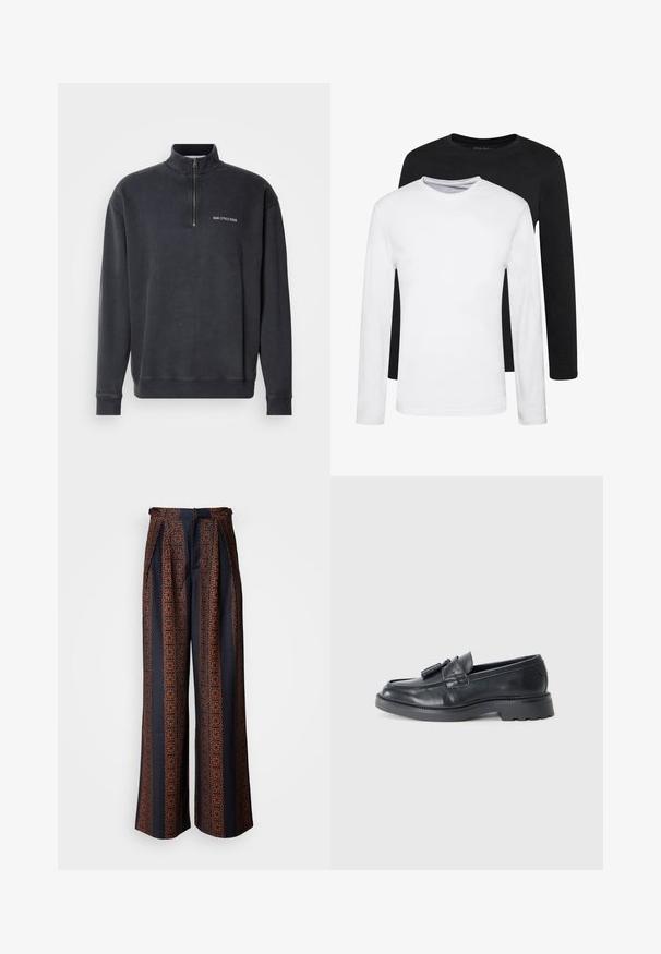 Quarter-zip genser i mørkegrått bomullsblanding. Har ribbet krage og mansjetter, med en liten hvit logo på brystet. Glatt tekstur.; To lange ermer, en sort og en hvit, laget av bomull med rund hals og en glatt tekstur, vist i en stablet oppstilling.; Vide benbukser i mørkeblå stof med et indviklet orange geometrisk mønster, med plisseret front og en tætsiddende talje. ; Sorte skinnloafers med rund tå, en stropp med frynser og en tykk såle med mønster. Glatt tekstur og klassisk design.