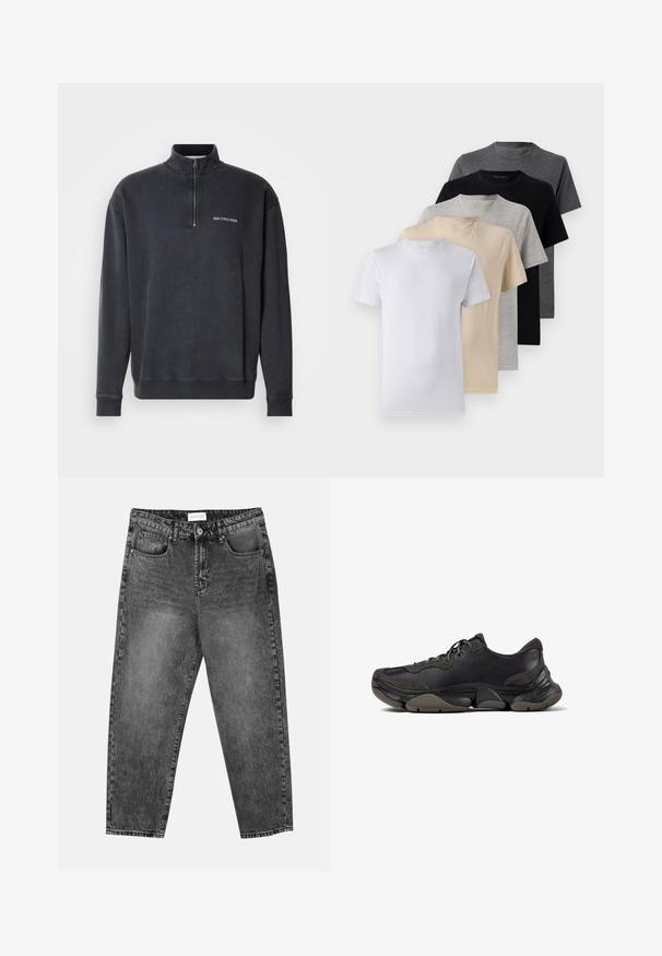 Grijs katoenmix pullover met rits tot kwart. Heeft een geribde kraag en manchetten, met een klein wit logo op de borst. Glad textuur.; Set van vijf T-shirts met korte mouwen in wit, beige, lichtgrijs, donkergrijs en zwart. Gemaakt van gladde katoen en voorzien van een ronde hals.; Zwart gewassen rechte jeans met voor- en achterzakken, riemlussen en een knoopsluiting in de taille.; Zwarte sportieve sneaker met een gestructureerde zool, leren en suède bovenwerk, gevoerde kraag en vetersluiting, getoond in zijprofiel.