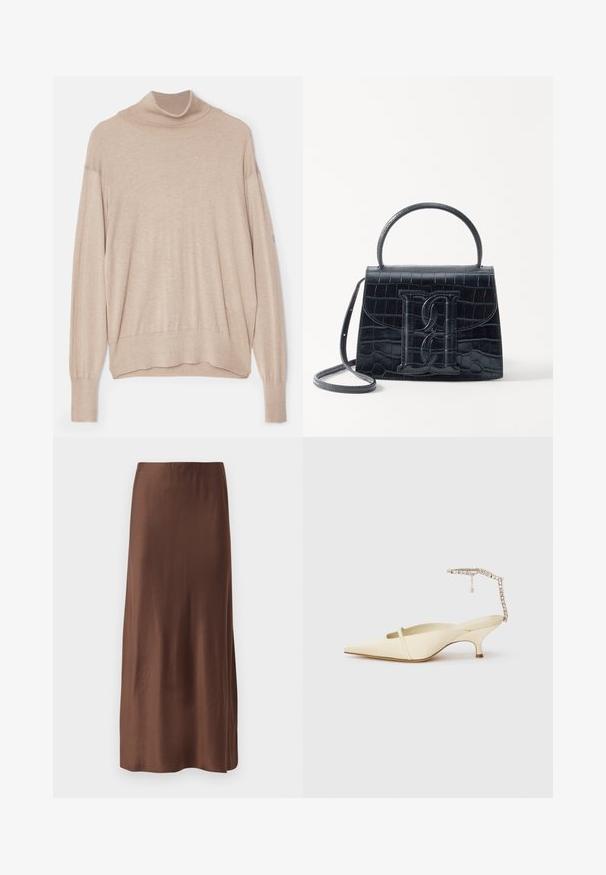 Beżowy sweter z golfem wykonany z miękkiego materiału, o luźnym kroju, długich rękawach oraz prążkowanym wykończeniu u dołu i na rękawach. Subtelna faktura.; Brązowa satynowa spódnica midi o gładkiej fakturze, z prostym krojem i bez widocznych wzorów lub ozdób. Prosty i elegancki design.; Kremowe szpilki typu slingback z czubkiem w szpic, cienkim paskiem z przodu i ozdobnym paskiem na kostkę, na białym tle.; Czarna torebka z tłoczonej skóry krokodyla o zorganizowanej konstrukcji, z górnym uchwytem, regulowanym paskiem i wyraźnym detalem z logo z przodu.