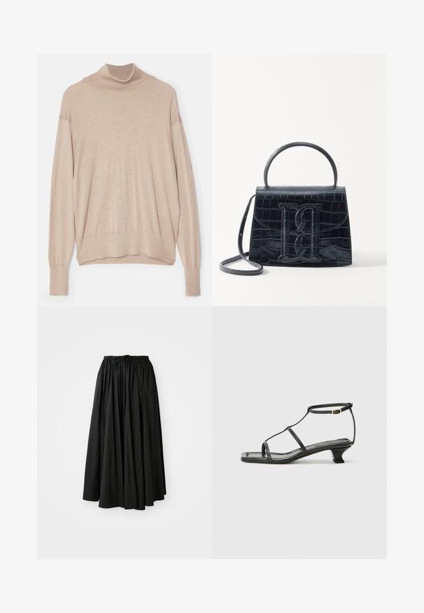 Beżowy sweter z golfem wykonany z miękkiego materiału, o luźnym kroju, długich rękawach oraz prążkowanym wykończeniu u dołu i na rękawach. Subtelna faktura.; Czarna spódnica do kostek, wykonana z lekkiego materiału. Wyposażona w marszczoną talię z sznurkiem do regulacji dopasowania oraz rozkloszowany krój.; Czarne skórzane sandały z kwadratowym noskiem, cienkimi paskami, regulowanym paskiem przy kostce i niskim obcasem. Oferują mały złoty akcent na pasku.; Czarna torebka z tłoczonej skóry krokodyla o zorganizowanej konstrukcji, z górnym uchwytem, regulowanym paskiem i wyraźnym detalem z logo z przodu.