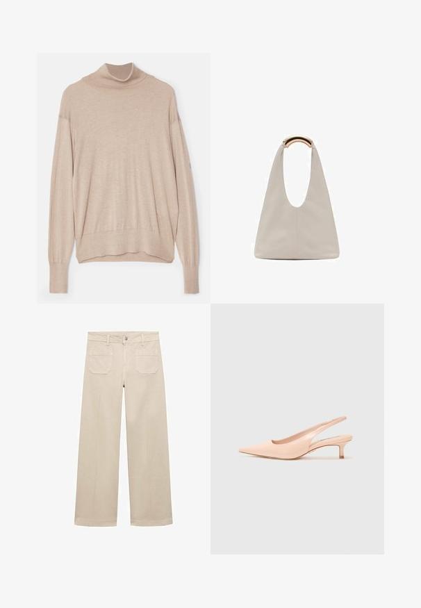 Bež pulover s turtleneck ovratnikom, izdelan iz mehkega materiala, z ohlapnim krojem, dolgimi rokavi ter rebrastim robom in manšetami. Subtilna tekstura.; Bež široke hlače iz bombaža. Imajo zadrgo, sprednji gumb in dva našita žepa na hrbtu. Čista rob brez okrasnih elementov.; Steve Madden KARI - Klasične pete - ballet pink; Svetlo siva usnjena torba z U-oblika zasnovo in ukrivljenim kovinskim ročajem. Gladka tekstura z minimalnim šivom in brez vidnih vzorcev.