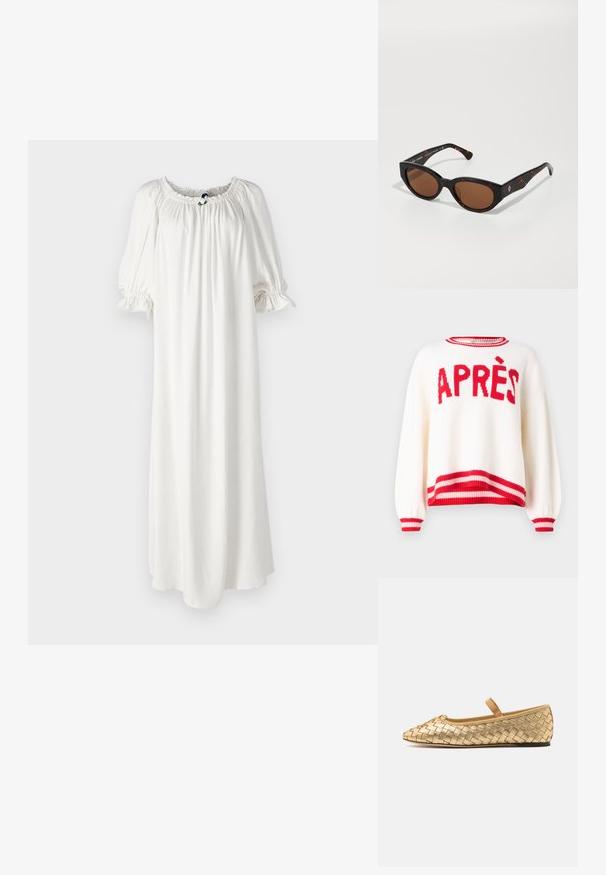 Cream sweater with oversized fit, red "APRÈS" text, and striped red and pink ribbed cuffs and hem. Knitted texture and relaxed sleeves.; White, flowy dress made of soft fabric with a smocked neckline and puffed sleeves, featuring a subtle tie detail at the front.; Loeffler Randall LEONIE SOFT BALLET FLAT - Ankle strap ballet pumps - gold; Black tortoiseshell sunglasses with brown lenses, angular design, and wide arms featuring a subtle logo detail. Smooth plastic texture.