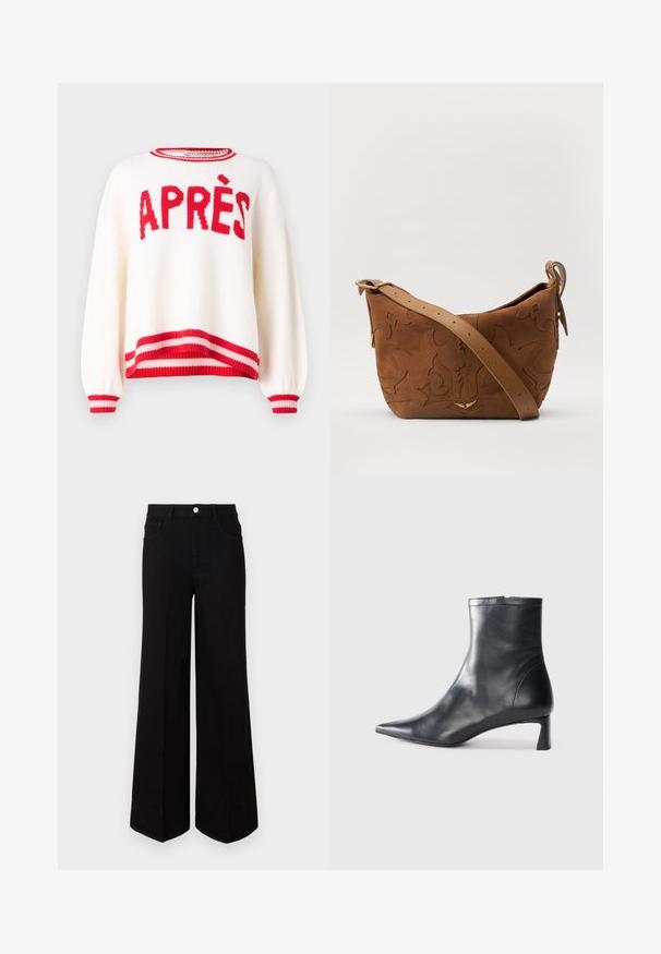 Tej-szerű pulóver, laza fazonban, piros "APRÈS" felirattal, valamint csíkos piros és rózsaszín bordázott mandzsettákkal és aljjal. Kötött textúra és laza ujjakkal.; Fekete, bő szárú farmernadrág, strapabíró anyagból készült, magas derékkal, elülső zsebekkel és elöl gombos záródással. Lapos szegély az alján.; Fekete bőr bokacsizma hegyes orral és letisztult dizájnnal. Alacsony sarka és hátsó cipzáras záródása van. Simának tűnő textúra.; Barna velúr válltáska, dombornyomott virágmintával, sima barna bőrpánttal és arany színű fém kiegészítőkkel.