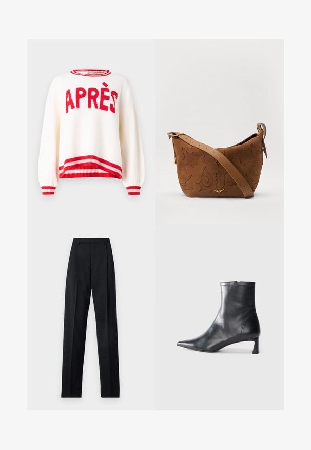 Cream sweater with oversized fit, red "APRÈS" text, and striped red and pink ribbed cuffs and hem. Knitted texture and relaxed sleeves.; Black trousers made from smooth fabric featuring a high waist, wide legs, front pleats, and classic belt loops. No side pockets visible.; Black leather ankle boot with a pointed toe and a sleek design. Features a low heel and a zipper closure at the back. Smooth texture.; Brown suede shoulder bag with embossed floral design, complemented by a smooth brown leather strap and gold-tone hardware accent.