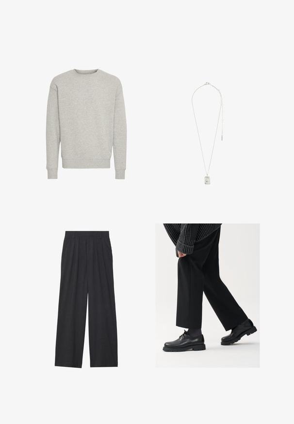 Harmaa collegepaita pehmeästä puuvillasekoitteesta, jossa on pyöreä kaula-aukko ja resorit hihansuissa. Yksinkertainen muotoilu ilman kuvioita tai koristeita.; Suorat lahkeet valmistettu tummanharmaasta kankaasta. Ominaisuuksiin kuuluu laskokset vyötäröllä, muotoilu on siisti ja siluetti suora.; Mustat nahkakengät, joissa on pyöreä kärki, nauhakiinnitys ja paksu, teksturoitu pohja. Yhdistetty räätälöityjen mustien housujen ja ribbivillapuseron kanssa.; Hopeaketju, jossa on suorakaiteen muotoinen riipus, jossa on monimutkainen muotoilu, ohut ketju ja säädettävä lukko pituuden säätämiseksi.