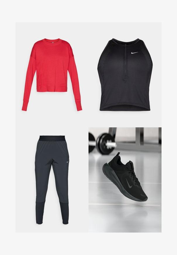 Raudona ilga rankovė kreminė megztinis, pagamintas iš minkštos medžiagos, su raglan rankovėmis, plokščiais siūlais ir laisva siluetu. Nėra matomų prekių ženklų.; Juodas sportinis trumpas viršus su užtrauktuku priekyje, tinklinėmis detalėmis ir prigludusia forma. Pagamintas iš tamprios, kvėpuojančios medžiagos. Nike logotipas priekyje.; Nike sportiniai džinsai tamsiai pilkos spalvos, su siaurėjančio kirpimo dizainu, elastinga juosmens juosta ir akcentu detalėmis prie rankovių.; Juodas sportinis sportbačiai su Nike logotipu, pavaizduoti ore virš sporto salės grindų, fone išblurinta hantelių laikiklis.